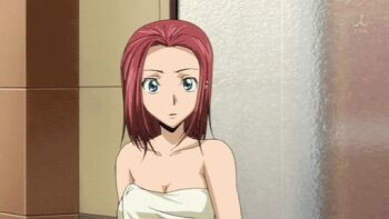 00s 1girl animated animated_gif anime_screenshot blue_eyes blush code_geass door female_focus frosted_glass glass kouzuki_kallen naked_towel red_hair short_hair solo surprised towel