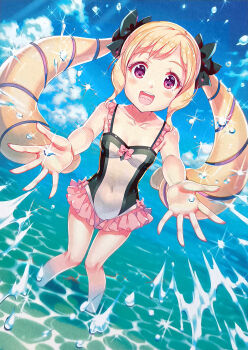 1girl black_bow blonde_hair blue_sky blush bow breasts casual_one-piece_swimsuit cloud collarbone day drill_hair elise_(fire_emblem) elise_(tropical_flower)_(fire_emblem) fire_emblem fire_emblem_cipher fire_emblem_fates frilled_one-piece_swimsuit frills full_body hair_bow highres knees_together_feet_apart light_blush long_hair looking_at_viewer nintendo nishimura_eri ocean official_alternate_costume official_art one-piece_swimsuit open_mouth outdoors purple_eyes purple_hair ribbon scan sidelocks sky small_breasts smile solo splashing standing swimsuit third-party_source twin_drills twintails very_long_hair wading water_drop