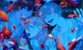 1girl 2boys absurdres against_glass aquarium artist_name chainsaw_man demon_girl demon_horns denji_(chainsaw_man) eohme fish hair_between_eyes hair_ornament hairclip hand_on_glass hayakawa_aki highres horns long_hair multiple_boys open_mouth power_(chainsaw_man) sharp_teeth shirt short_hair tank_top teeth