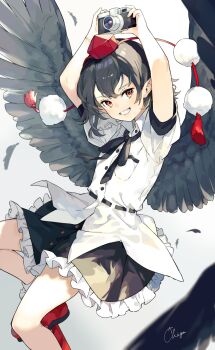 Rule 34 | 1girl, arms up, ascot, black ascot, black hair, black skirt, black wings, camera, commentary request, feathers, floating, frills, geta, grin, hat, highres, holding, holding camera, looking at viewer, medium hair, parted lips, pointy ears, pom pom (clothes), red eyes, shameimaru aya, shirt, short sleeves, signature, skirt, smile, socks, solo, teeth, tengu-geta, tokin hat, touhou, user cjru2574, white background, white shirt, white socks, wings