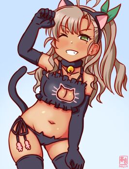 Rule 34 | 1girl, ahoge, animal ears, artist logo, bell, black bra, black gloves, black panties, black thighhighs, blue background, bra, breasts, brown hair, cat cutout, cat ear panties, cat ears, cat lingerie, cat tail, cleavage cutout, clothing cutout, commentary request, dark-skinned female, dark skin, dated, elbow gloves, fake animal ears, frilled bra, frills, gloves, gradient background, green eyes, grin, heart, heart ahoge, jingle bell, kanon (kurogane knights), kantai collection, kashi (kancolle), logo, long hair, mole, mole under eye, neck bell, one-hour drawing challenge, one side up, panties, side-tie panties, small breasts, smile, solo, tail, thighhighs, underwear, underwear only
