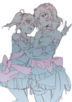 Rule 34 | 2girls, ;d, \m/, absurdres, bare shoulders, bokutachi wa hitotsu no hikari, closed mouth, commentary request, cowboy shot, dress, flower, frilled dress, frills, hair flower, hair ornament, hair ribbon, highres, inazuma (elect line), light smile, love live!, love live! school idol project, love live! the school idol movie, medium hair, multiple girls, nishikino maki, one eye closed, open mouth, partially colored, purple eyes, red eyes, ribbon, short dress, simple background, smile, standing, twintails, white background, yazawa nico
