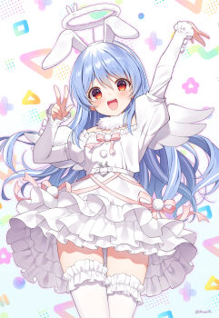 Rule 34 | 1girl, :d, animal ears, arm up, blue hair, blush, commentary request, don-chan (usada pekora), dress, frilled skirt, frills, hairband, halo, hand up, highres, hololive, layered sleeves, long hair, long sleeves, looking at viewer, mauve, multicolored hair, open mouth, outline, partially colored, puffy short sleeves, puffy sleeves, rabbit ears, red eyes, shirt, short eyebrows, short over long sleeves, short sleeves, simple background, skirt, smile, solo, streaked hair, thick eyebrows, thighhighs, usada pekora, very long hair, virtual youtuber, white background, white dress, white hair, white outline, white thighhighs