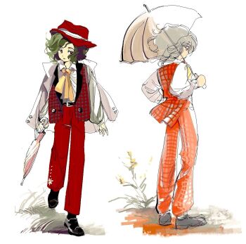 1990s_(style) 1boy 6osquet ascot black_shoes black_socks closed_umbrella embroidery expressionless fedora flower fluffy_hair full_body genderswap genderswap_(ftm) grass green_hair half-closed_eyes hat head_tilt highres holding holding_umbrella jacket jacket_on_shoulders kazami_yuuka kazami_yuuka_(pc-98) loafers long_sleeves looking_at_viewer male_focus medium_hair multiple_views on_grass open_collar outdoors pants parted_lips plaid_clothes plaid_pants plaid_vest puffy_long_sleeves puffy_sleeves red_eyes red_hat red_pants red_vest retro_artstyle shirt shoes side_part socks standing touhou umbrella vest walking wavy_hair white_background white_jacket white_shirt white_umbrella wind yellow_ascot yellow_flower