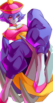 1girl blue_skin breasts capcom cleavage_cutout clothing_cutout colored_skin darkstalkers female_focus highres hsien-ko jiangshi large_breasts long_sleeves purple_hair red_eyes short_hair smile solo ura_dora white_background