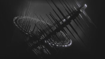 absurdres commentary english_commentary greyscale highres monochrome no_humans original scenery science_fiction shiej007 space space_station