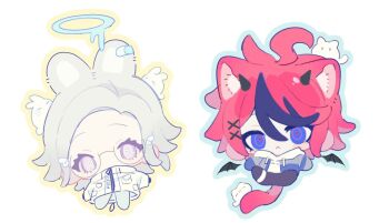 2boys :&lt; angel_and_devil animal_ear_fluff animal_ears aotsuki_eito bandaid_on_ear bat_wings black_pants blue_eyes cat_boy cat_ears cat_tail chibi chibi_only closed_mouth coat commentary_request covered_mouth eyelashes grey_eyes grey_hair halo hood hood_down hooded_jacket jacket kemonomimi_mode male_focus medium_hair multicolored_hair multiple_boys on_head outstretched_arm pants parted_bangs parted_hair rabbit_ears red_hair ringed_eyes streaked_hair sumino_takumi tail the_hundred_line_-last_defense_academy- uu_22233 white_background white_coat wings zipper_pull_tab