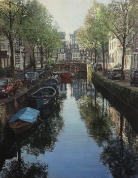 amsterdam arch_bridge bicycle boat bridge building canal car commentary_request day european_architecture highres house motor_vehicle naohiro_ito netherlands no_humans original outdoors painting_(medium) real_world_location realistic reflection reflective_liquid renault renault_twingo road rowboat scenery shadow sky sunlight town traditional_media tree watercraft white_sky window