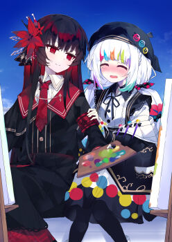 2girls absurdres black_hair black_shirt black_skirt blush bow canvas_(object) closed_eyes closed_mouth collared_shirt dice_choco easel feet_out_of_frame flower hair_flower hair_ornament highres holding holding_paint_palette jogasaki_noah long_hair long_sleeves looking_at_another mahou_shoujo_no_majo_saiban multi-tied_hair multicolored_hair multiple_girls neck_ribbon necktie nikaido_hiro nose_blush open_mouth paint_palette paintbrush pleated_skirt polka_dot polka_dot_bow red_eyes red_flower red_necktie ribbon shirt sitting skirt smile streaked_hair white_hair