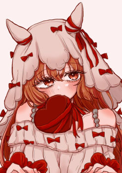 1girl absurdres animal_ears blush bow box commentary ear_ribbon gift gift_box hair_over_shoulder highres horse_ears horse_girl long_hair long_sleeves mouth_hold off-shoulder_sweater off_shoulder pink_sweater red_bow red_eyes red_hair red_ribbon ribbon rinren_(chun8chun8chun) simple_background solo still_in_love_(umamusume) sweater symbol-only_commentary umamusume valentine very_long_hair white_background wv