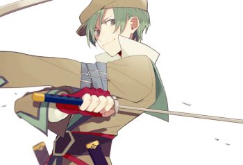 Rule 34 | 1boy, arm belt, belt, belt buckle, brown hat, brown jacket, buckle, newsboy cap, closed mouth, collared shirt, commentary request, debris, dual wielding, fingerless gloves, from side, gloves, green hair, grey eyes, hat, holding, holding sword, holding weapon, jacket, lapels, looking to the side, male focus, multiple belts, popped collar, pprmr, red gloves, shirt, short hair, sideways glance, simple background, smile, solo, spada belforma, sword, tales of (series), tales of innocence, weapon, white background, white shirt