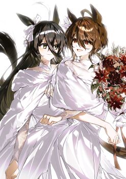 2girls absurdres agnes_tachyon_(umamusume) ahoge animal_ears black_hair bouquet bow brown_hair capelet collarbone commentary_request dress ear_ribbon flower hair_between_eyes highres holding holding_bouquet horse_ears horse_girl horse_tail jgdcctb2 korean_commentary locked_arms long_hair long_hair_between_eyes looking_at_another manhattan_cafe_(umamusume) multicolored_hair multiple_girls open_mouth red_eyes red_flower ribbon see-through_clothes see-through_dress short_hair smile tail umamusume very_long_hair wedding_dress white_capelet white_dress white_hair white_ribbon wife_and_wife yellow_eyes yuri