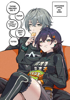 1boy 1girl :t belle_(zenless_zone_zero) belt black_hair black_pants black_sweater black_thighhighs breasts brother_and_sister censored censored_text chips_(food) commentary couch earrings eating english_commentary feeding food grey_hair grey_shorts hair_between_eyes highres implied_incest jewelry large_breasts long_sleeves on_couch orange_belt pants potato_chips shirt short_hair shorts siblings simple_background sitting sweater thighhighs thighs white_background wise_(zenless_zone_zero) yosuga_no_sora yusi_vishnu zenless_zone_zero