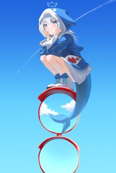 1girl :/ absurdres animal_costume animal_hood blue_eyes blue_hair blue_hoodie blue_sky blue_socks closed_mouth commentary contrail day drawn_crown fins fish_tail full_body gawr_gura gawr_gura_(1st_costume) grey_hair hands_up highres hololive hololive_english hood hood_up hoodie long_hair long_sleeves multicolored_hair no_pants outdoors shark_costume shark_girl shark_hood shark_tail shoes sky sneakers socks solo squatting streaked_hair tail traffic_mirror virtual_youtuber white_shoes yubbiidraw