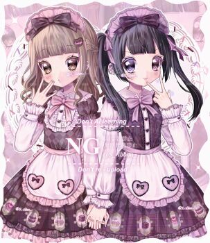 2girls accurate_lolita_coord apron black_hair blush bonnet braid brown_dress brown_hair chocolate_print commentary commission dress fashion food_print half_up_braid hashtag-only_commentary heart heterochromia highres holding_hands lolita_fashion long_sleeves multiple_girls original print_dress skeb_commission smile sweet_lolita twintails watermark yuni_(s_ribbon) zoom_layer