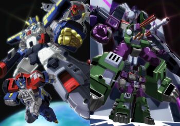 absurdres autobot cannon convoy_(armada) decepticon earth_(planet) gattai glint gun highres holding holding_gun holding_weapon insignia jetfire komedamugi looking_at_viewer mecha mecha_focus megatron no_humans official_style optimus_prime planet robot science_fiction space standing tidal_wave_(transformers) transformers transformers_armada transformers_unicron_trilogy weapon