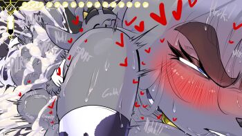 1boy 1girl animal_ears ass blush breasts butler_(pseudoregalia) christmas colored_skin cum cum_in_pussy dialogue_box english_text excessive_cum fakeryway grabbing_from_behind grey_background grey_fur grey_skin heart horns huge_ass huge_penis lying medium_breasts nipples on_person original partially_undressed penis prone_bone pseudoregalia sex sex_from_behind simple_background size_difference sybil_(pseudoregalia) thighhighs vaginal veins veiny_penis