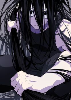 1boy absurdly_long_hair bags_under_eyes black_eyes black_hair black_tank_top commentary_request hair_between_eyes highres holding holding_own_hair inaba_ryou kengan_(series) kengan_ashura long_hair looking_at_viewer male_focus messy_hair nekoma_hikaru pale_skin solo tank_top very_long_hair