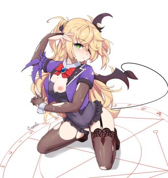 1girl bat_wings black_thighhighs blazer blonde_hair bow breasts chuunibyou chuunibyou_demo_koi_ga_shitai! cleavage closed_mouth commentary commentary_request cosplay covered_navel cum cum_on_body cum_on_breasts cum_on_clothes cum_on_upper_body demon_girl english_commentary eyepatch facial fischl_(genshin_impact) full_body genshin_impact green_eyes grey_background hand_on_own_hip hand_wraps highres jacket leotard long_hair magic_circle medium_breasts nipples nontraditional_playboy_bunny playboy_bunny purple_bow pussy red_neckwear simple_background single_wing sitting smile solo soveno summoning tail takanashi_rikka_(cosplay) thighhighs torn_clothes torn_leotard trait_connection two_side_up very_long_hair voice_actor_connection wings