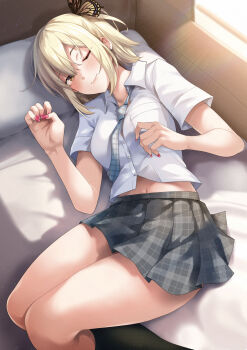 1girl ;) asakura_ageha black_socks blonde_hair blush breasts brown_eyes bug butterfly butterfly_hair_ornament collared_shirt commentary_request feet_out_of_frame grey_skirt hair_ornament highres insect looking_at_viewer lying medium_breasts midriff navel necktie on_back on_bed one_eye_closed plaid_clothes plaid_necktie plaid_skirt pleated_skirt red_nails ryouma_(galley) school_uniform shirt short_hair skirt smile socks solo white_shirt yellow_butterfly yumeochi_-_yume_de_bokura_wa_koi_ni_ochiru