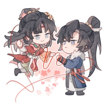 Rule 34 | 1boy, 1girl, artist request, black boots, black hair, blue eyes, blue robe, boots, cheng heguang, chibi, chinese clothes, chinese commentary, commentary request, commission, eye contact, face-to-face, floating, full body, hair bun, hanfu, highres, long hair, looking at another, pants, paper heron, ponytail, red hanfu, reverse:1999, robe, second-party source, standing, string, string of fate, white background, white pants