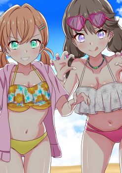 2girls :q aqua_eyes backlighting bikini blue_sky blush breasts brown_hair claw_pose cleavage closed_mouth commentary_request crossed_bangs floral_print floral_print_bikini frilled_bikini frills fujishima_megumi fujishima_megumi_(swimsuit) grin hair_ornament hairclip heart heart-shaped_eyewear hibiscus_print highres hinoshita_kaho hinoshita_kaho_(swimsuit) link!_like!_love_live! long_hair looking_at_viewer love_live! low_twintails medium_breasts medium_hair midriff mimiu_p mismatched_bikini multi-tied_hair multiple_girls navel official_alternate_costume official_alternate_hairstyle orange_hair pink-framed_eyewear pink-tinted_eyewear print_bikini purple_eyes sky smile swimsuit tinted_eyewear tongue tongue_out twintails v-shaped_eyebrows virtual_youtuber white_bikini yellow_bikini