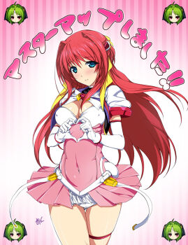 2girls blue_dress blush breasts choukou_(alicesoft) choukou_tenshi_escalayer cleavage covered_erect_nipples covered_navel dress elbow_gloves escalayer four-finger_heart_hands gloves heart heart_hands kouenji_madoka large_breasts multiple_girls official_art onigirikun panties pink_dress red_hair smile thighs underwear white_panties