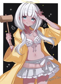 1girl aegean_sea artist_name bead_bracelet bead_necklace beads bikini bikini_top_only black_background blunt_bangs border bow bracelet commentary_request cowboy_shot danganronpa_(series) danganronpa_v3:_killing_harmony dark-skinned_female dark_skin drawn_wings four-pointed_star frilled_bikini frilled_skirt frills ganguro gyaru halo hammer hand_to_head hands_up highres holding holding_hammer jewelry layered_skirt long_hair low_twintails miniskirt navel_piercing necklace paintbrush piercing raincoat shell shell_necklace sidelocks skirt solo swimsuit traditional_halo twintails two-tone_background white_bikini white_border white_bow white_hair white_skirt wide_sleeves wings yellow_halo yellow_raincoat yonaga_angie