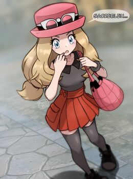 Rule 34 | 1girl, :o, absurdres, artist name, bag, black shirt, black shoes, black thighhighs, blonde hair, blurry, blurry background, commentary, english commentary, eyelashes, eyewear on headwear, grey eyes, hat, highres, long hair, muis0802, nintendo, pink bag, pink hat, pleated skirt, pokemon, pokemon xy, red skirt, serena (pokemon), shirt, shoes, shoulder bag, skirt, sleeveless, sleeveless shirt, solo, speech bubble, thighhighs