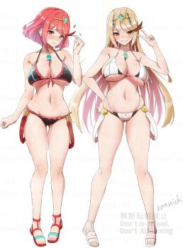 1girl 2girls absurdres alternate_costume bikini blonde_hair blush bob_cut breasts chest_jewel collarbone commentary_request core_crystal_(xenoblade) flipped_bangs highres kanuici336 large_breasts long_hair multiple_girls mythra_(xenoblade) navel pyra_(xenoblade) red_eyes red_hair short_hair simple_background smile suspenders suspenders_hanging swept_bangs swimsuit tiara v very_long_hair watermark white_background xenoblade_chronicles_(series) xenoblade_chronicles_2 yellow_eyes