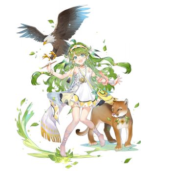 1girl ahoge arm_strap bag bandages bare_shoulders barefoot benghuai_xueyuan bird chacana_(benghuai_xueyuan) collar cougar dress eagle green_eyes green_hair hairband holding holding_paintbrush honkai_(series) jewelry long_hair official_art open_mouth paintbrush pointy_ears snake sundress thighlet third-party_source transparent_background