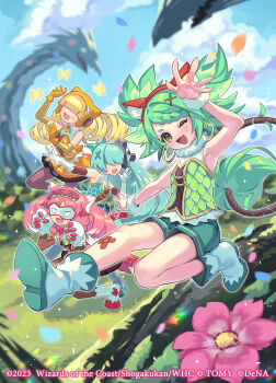 2023 4girls animal_ears animal_hands aqua_bow aqua_hair armpits bandaid bandaid_on_leg blonde_hair blue_petals blush_stickers bow braid braided_bangs brown_pantyhose churin_(duel_masters) copyright_notice drill_hair duel_masters duel_masters_play&#039;s earrings ekusiun elbow_gloves erikatchu_(duel_masters) fake_animal_ears fang flower fur-trimmed_shirt fur_trim gloves green_hair green_shirt green_shoes green_shorts hair_bow hair_ornament hair_over_eyes hairpin highres hoop_earrings idol_clothes jewelry long_hair marinyan_(duel_masters) multiple_girls official_art one_eye_closed open_mouth orange_petals outdoors pantyhose paw_gloves pink_flower pink_hair pink_petals saepoyo_(duel_masters) shirt shoes shorts sparkle teeth twin_drills upper_teeth_only white_gloves yellow_eyes yellow_gloves