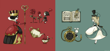 2girls alice_(alice_in_wonderland) alice&#039;s_adventures_in_wonderland bird black_hair blonde_hair book bookmark closed_eyes crown cup cursive eyelashes eyeshadow flower gloves hat makeup multiple_girls open_book paint pettyraps pocket_watch queen_of_hearts_(alice_in_wonderland) red_eyeshadow red_gloves rose scepter teacup teapot top_hat two-tone_background watch white_rabbit_(alice_in_wonderland)