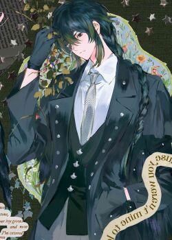 1boy black_gloves black_hair black_jacket black_vest braid closed_mouth coat collared_shirt eyepatch formal_clothes gloves green_hair grey_necktie grey_pants hand_in_pocket highres jacket leaf long_hair long_sleeves looking_at_viewer male_focus necktie non-web_source original pants pulppunk001 shirt solo suit vest white_shirt