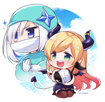 2girls adjusting_clothes adjusting_gloves amane_kanata blonde_hair blue_hair chibi chibi_only commentary_request demon_girl demon_horns demon_tail demon_wings full_body garter_straps gloves gradient_hair green_eyes hololive horn_ornament horn_ring horns jitome kneeling long_hair mask medical_scrubs mouth_mask multicolored_hair multiple_girls musical_note n_gyou pointy_ears purple_hair skirt sparkle streaked_hair surgical_cap surgical_mask tail teardrop thighhighs very_long_hair virtual_youtuber white_hair wings yuzuki_choco yuzuki_choco_(1st_costume)