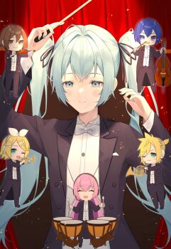 2girls 4girls blue_eyes blue_hair bob_cut bow bowtie brown_eyes brown_hair commentary_request formal_clothes hatsune_miku highres holding holding_instrument holding_trumpet holding_violin instrument kagamine_len kagamine_rin kaito_(vocaloid) megurine_luka meiko_(vocaloid) multiple_girls musical_staff pink_hair ponytail serin_(zersk_04) short_ponytail spiked_hair trumpet twintails violin vocaloid white_bow white_bowtie