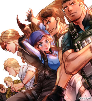 Rule 34 | artist name, beard stubble, black gloves, blonde hair, blue eyes, blue hat, brown hair, brown jacket, bulletproof vest, chris redfield, ethan winters, facial hair, fingerless gloves, gloves, hat, headset, jacket, jill valentine, leon s. kennedy, nagare, resident evil, resident evil 4, resident evil 5, resident evil 7: biohazard, resident evil village, smile, stubble