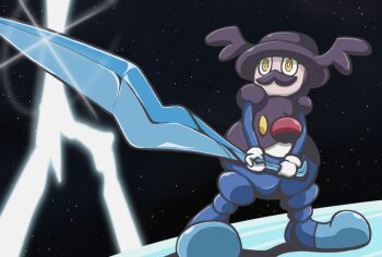 facial_hair full_body gen_8_pokemon glint holding holding_weapon koyukiyasu mr._rime mustache nintendo pokemon pokemon_(creature) sky standing star_(sky) starry_sky sunrise_stance weapon yellow_eyes