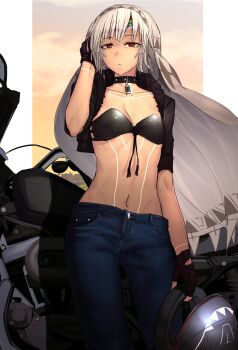 1girl :o altera_(fate) alternate_costume arm_at_side bikini bikini_top_only black_bikini black_gloves black_jacket blush breasts collar collarbone cropped_jacket dark-skinned_female dark_skin denim evening fate/grand_order fate_(series) female_focus forehead_protector gloves grey_hair hand_in_own_hair helmet highres holding holding_unworn_helmet i-pan jacket jeans long_hair looking_at_viewer motor_vehicle motorcycle motorcycle_helmet navel open_clothes open_jacket open_mouth orange_sky outside_border pants red_eyes short_hair short_sleeves sky small_breasts solo standing stomach strapless strapless_bikini sunset swimsuit tassel tatto tattoo tsurime unworn_headwear unworn_helmet veil