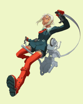 Rule 34 | 00s, 1girl, absurdres, ascot, blue dress, boots, dress, female focus, foreshortening, full body, gloves, highres, lal'c mellk mal, mi lu-zi, open mouth, orange eyes, red boots, red gloves, romper, solo, thighhighs, thumb hole, top wo nerae! (series), top wo nerae 2!, white hair