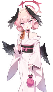 Rule 34 | 1girl, absurdres, bada (jksh5056), bare shoulders, black wings, blue archive, blush, breasts, commentary request, dango, feathered wings, food, halo, head wings, highres, japanese clothes, kimono, koharu (blue archive), long hair, long sleeves, looking at viewer, obi, off shoulder, open mouth, pink eyes, pink hair, pink kimono, sash, small breasts, solo, wagashi, wide sleeves, wings