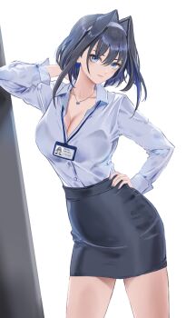 1girl absurdres arm_behind_head arm_up black_hair black_skirt blue_eyes blue_hair breasts cleavage closed_mouth collared_shirt colored_inner_hair commentary contrapposto dhbwinner dress_shirt english_commentary expressionless hair_flaps hair_intakes hand_on_own_hip headband high-waist_skirt highres hololive hololive_english id_card jewelry lanyard large_breasts long_sleeves looking_at_viewer miniskirt multicolored_hair necklace office_lady ouro_kronii shirt shirt_tucked_in skirt solo virtual_youtuber white_headband white_shirt
