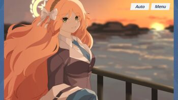 1girl black_jacket blue_archive blue_necktie collared_shirt cosplay fence freckles hair_ribbon hairband halo highres holding holding_unworn_clothes ishmael_(project_moon) jacket limbus_company long_hair looking_at_viewer necktie ngancurindunia orange_hair pillarboxed project_moon ribbon shirt smile solo suit_jacket sunset two-sided_fabric two-sided_jacket user_interface wavy_hair white_jacket white_ribbon white_shirt yellow_eyes yellow_halo yuuka_(blue_archive) yuuka_(blue_archive)_(cosplay)