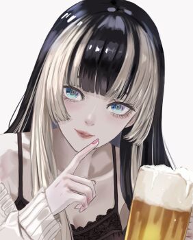 1girl absurdres alcohol alternate_costume beer beer_mug black_camisole black_hair blue_eyes camisole cardigan collarbone commentary_request cup dhbwinner finger_to_own_chin grey_background grey_cardigan highres hime_cut hololive hololive_dev_is juufuutei_raden long_hair looking_at_viewer mug multicolored_eyes multicolored_hair off_shoulder pink_lips pink_nails portrait solo two-tone_hair virtual_youtuber white_hair