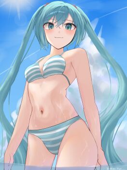 Rule 34 | 1girl, aqua eyes, aqua hair, bikini, breasts, commentary request, hatsune miku, highres, long hair, looking at viewer, maro 1llust, medium breasts, solo, striped clothes, swimsuit, thighs, twintails, vocaloid, water, wet