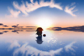 1girl 1other bing_huyue blue_sky bolivia chibi commentary english_commentary facing_back hair_flaps highres hololive hololive_english koseki_bijou lake long_hair pebble_(koseki_bijou) reflection reflective_liquid salar_de_uyuni salt_flats silhouette sky standing sunrise sunset virtual_youtuber