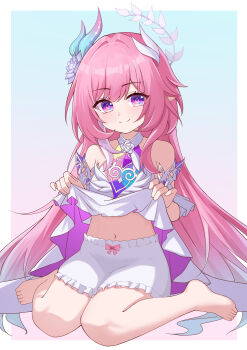 1girl absurdres aged_down barefoot bloomers blue_background border breasts clothes_lift commentary_request cyrene_(demiurge)_(honkai:_star_rail) cyrene_(honkai:_star_rail) diamond-shaped_pupils diamond_(shape) dress dress_lift feet flower foot_focus hair_flower hair_ornament highres honkai:_star_rail honkai_(series) lifting_own_clothes loli long_hair looking_at_viewer multicolored_hair navel pink_hair pointy_ears purple_eyes sitting small_breasts solo symbol-shaped_pupils two-tone_hair underwear variant_set very_long_hair wariza white_bloomers white_border white_dress white_hair yaoli_(ysxbd)