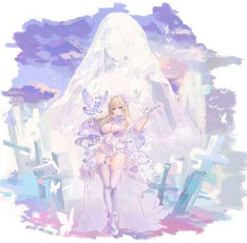 1girl absurdres amatsuki_mahjong bare_arms bare_shoulders between_breasts bird bird_hair_ornament blonde_hair blue_eyes breasts bridal_lingerie bridal_veil butterfly_wings collar cross dedeko detached_sleeves dove flower frilled_collar frilled_one-piece_swimsuit frilled_skirt frills full_body gloves guitar hair_flower hair_ornament half_gloves high-low_skirt highleg highleg_one-piece_swimsuit highres holding holding_guitar holding_instrument insect_wings instrument kanzaki_kanade_(amatsuki_mahjong) lace lace_trim large_breasts lingerie long_hair official_art one-piece_swimsuit open_mouth owl revealing_clothes rose see-through_clothes see-through_skirt see-through_sleeves shoes skirt sleeveless solo strap_between_breasts swimsuit tachi-e thighhighs transparent transparent_background underwear veil white_flower white_gloves white_one-piece_swimsuit white_rose white_shoes white_thighhighs wings