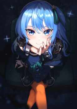 Rule 34 | 1girl, absurdres, black dress, black skirt, blue eyes, blue hair, blue jacket, closed mouth, commentary request, crossed legs, dress, elbow on knee, elbow rest, fmg, foreshortening, green ribbon, hair ribbon, hand on own chin, head rest, highres, hololive, hoshimachi suisei, hoshimachi suisei (casual), jacket, lace, lace sleeves, long hair, long sleeves, looking at viewer, nail polish, off shoulder, one side up, orange nails, orange pantyhose, pantyhose, quilted jacket, ribbon, sitting, skirt, sleeve cuffs, smile, solo, star (symbol), star in eye, symbol in eye, virtual youtuber