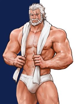 1boy abs art_study bara beard briefs bulge chest_hair connected_beard dopey_(dopq) facial_hair highres male_focus male_underwear multicolored_background muscular muscular_arms muscular_male old old_man overwatch overwatch_1 pectorals reinhardt_(overwatch) scar scar_across_eye scar_on_face short_hair standing thighs towel towel_around_neck underwear underwear_only veins veiny_arms veiny_thighs white_hair